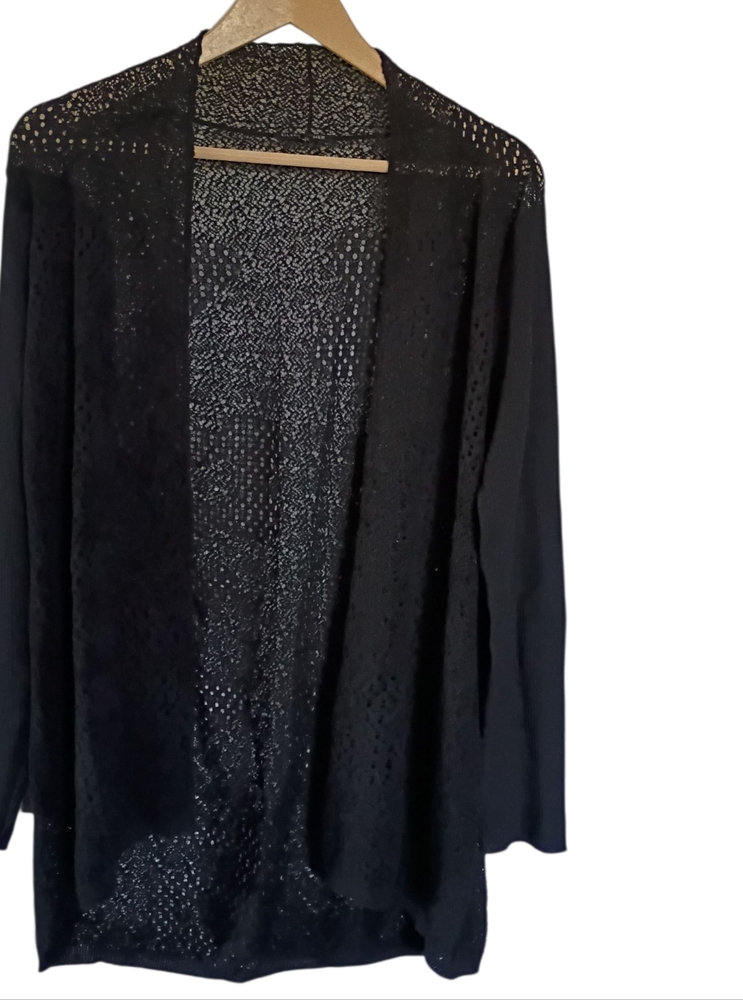 Eileen Fisher Cardigan Sweater Black Washable Wool Lace Knit Open Duster Medium